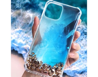 Epoxy Resin Clear Blue Ocean Waves Small Stone Phone Case