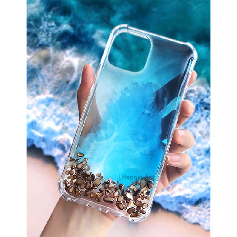Epoxy resin clear blue ocean waves small stone phone case for Apple iPhone 12Valentine's Day Gift image 1