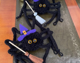 Witch Spider Plush knitted Pom Pom Cutey Crawly Halloween Decoration with broom