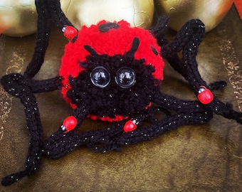 Ladybird/Ladybug Knitted Cutey Crawly pom pom plush, mummy bug with little wooden babies