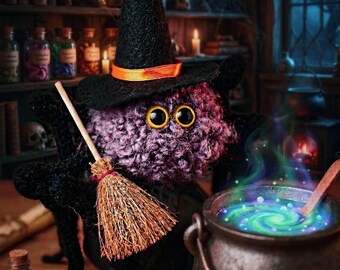 Lila häxspindel plyschstickad pompom söt krypande halloweendekoration med kvast och hög hatt
