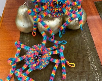 Rainbow Blue Spider Knitted Cutey Crawly Plush Pom Pom Decoration