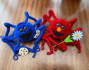 Elmo & Kakmonstret Spindel Fan Art Stickad Sesamgatan Söt Krypande Pom-Pom-dekoration med filtkakor och prästkragar