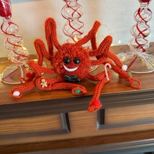 Gingerbread Man Cutey Crawly Knitted Pom Pom Spider with Candy Cane Decoration