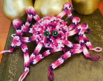 Knitted Spider Pink and White Cutey Crawly Plush Pom Pom Decoration