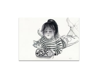 Original Illustration Mädchen und Katze / Tuschezeichnung / 29,7 x 21 cm