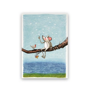Klappkarte / Maus / Vogel / Rotkehlchen / Baum / Wiese / Sterne / Freunde
