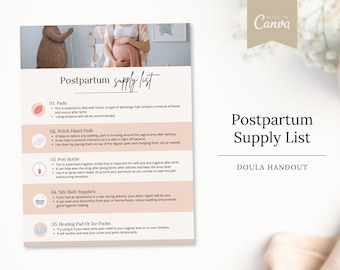 May include: A pink and white printable postpartum supply list handout with a list of items to help with recovery after childbirth. The list includes pads, witch hazel pads, a peri bottle, sitz bath supplies, and heating pads or ice packs.