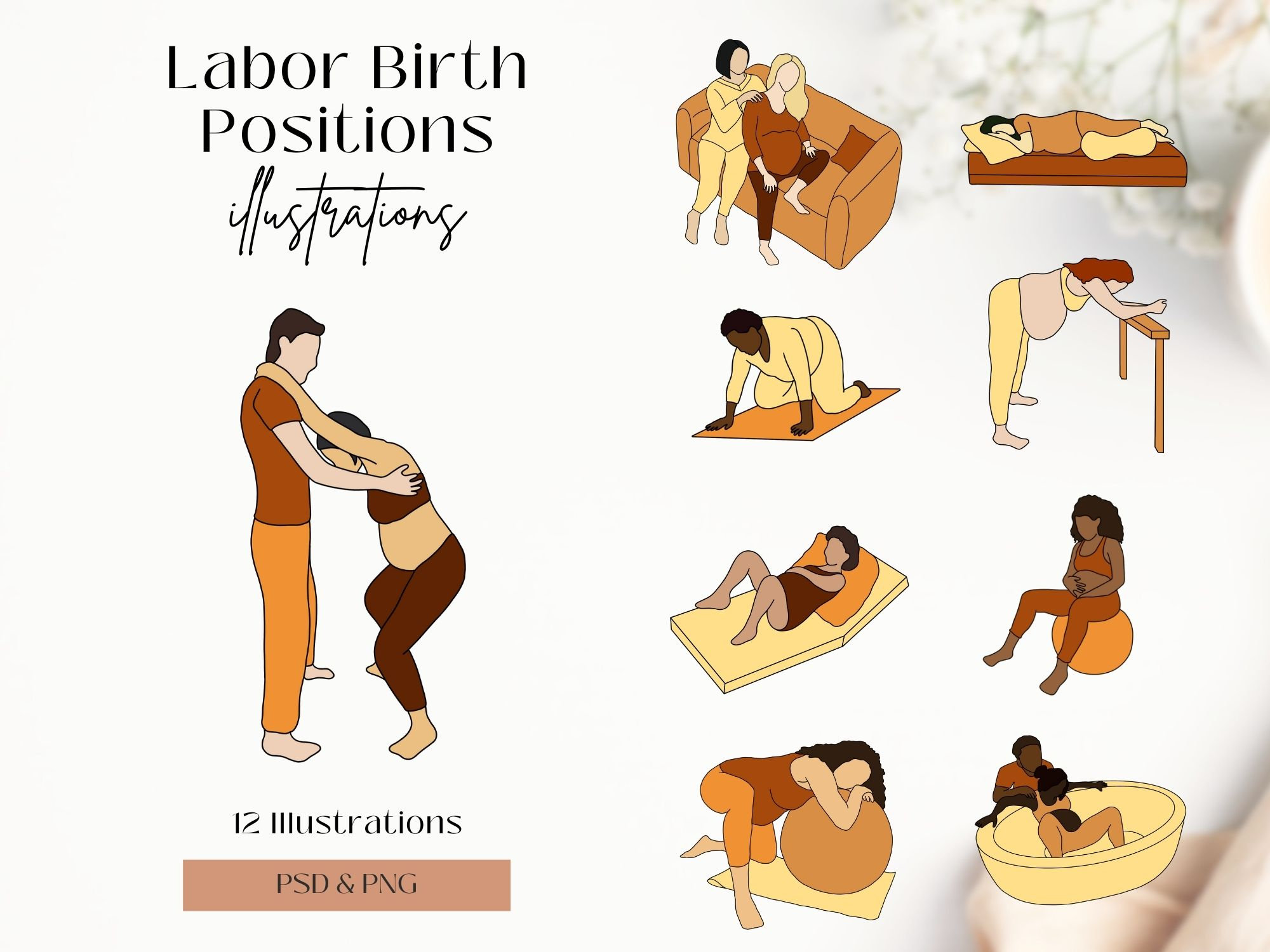Labor Birth Positions Illustrations | Abstract Labor Birth Poses | Birthing Positions | Labor and Delivery Positions | Childbirth Positions