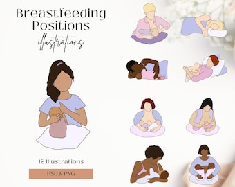 Breastfeeding Positions Illustrations | Abstract Breastfeeding Poses | Breastfeeding Positions Pintables | Lactation Positions