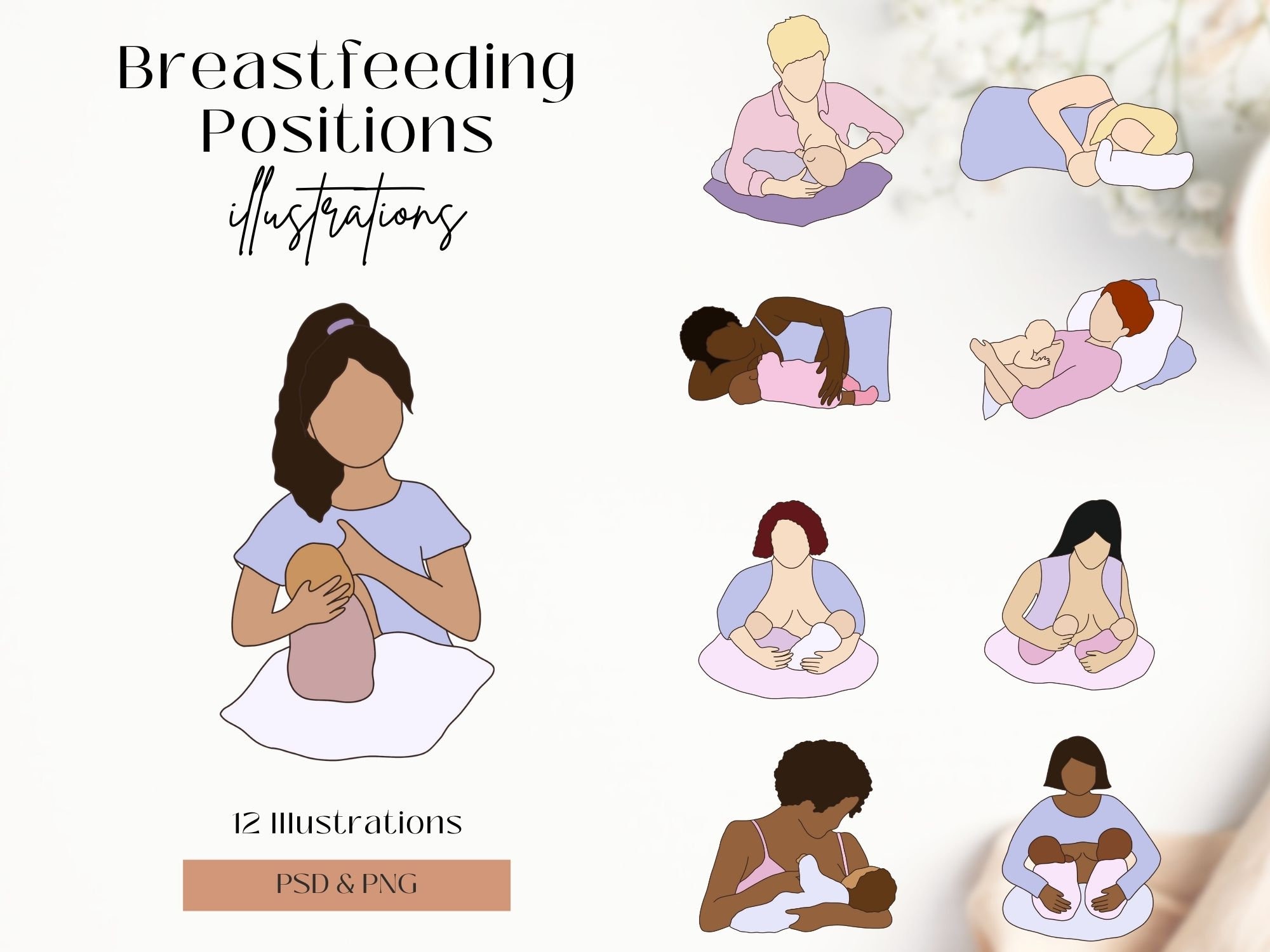 Breastfeeding Positions Illustrations | Abstract Breastfeeding Poses | Breastfeeding Positions Pintables | Lactation Positions