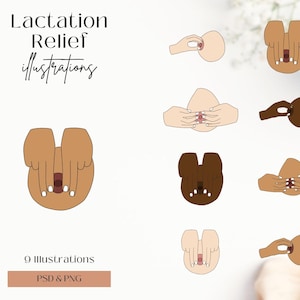Puede incluir: Colección de nueve ilustraciones sobre alivio de la lactancia. Las imágenes muestran varias posiciones de las manos sobre un pecho, con diferentes tonos de piel. El texto incluye "Lactation Relief illustrations" y "PSD & PNG".