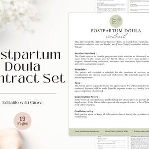 Op de afbeelding: Een printbare contractset voor postpartum doulas. Het document bevat secties voor de geleverde diensten, de planning, de kosten, het annuleringsbeleid en de vertrouwelijkheid. Het document is bewerkbaar met Canva en bevat 19 pagina's.