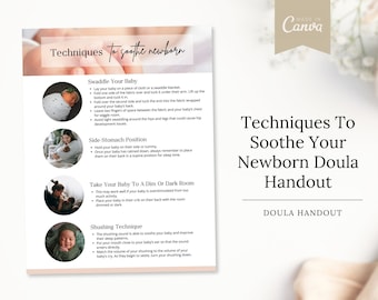 Técnicas para calmar a recién nacidos / Plantilla de Canva para doulas (descarga digital)
