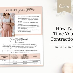 How to Time Your Contractions Doula Handout | Doula Template | Contraction Timing Birth Doula | Canva | Contraction Timing Guide Doula Tips