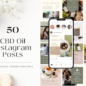 May include: A collection of 50 Instagram post templates for promoting CBD oil products. The templates feature a variety of designs with green and brown color schemes, including images of plants, bottles of CBD oil, and text about the benefits of CBD oil. The text on the templates includes phrases like "Start small", "Goodnight insomnia", "Heart Healthy", and "Boost your glow".