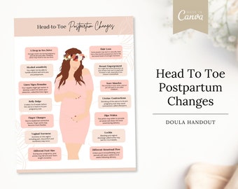 Head To Toe Postpartum Changes | Doula Handout | Doula Canva Template | Canva | Birth Worker Handout | Doula Guide