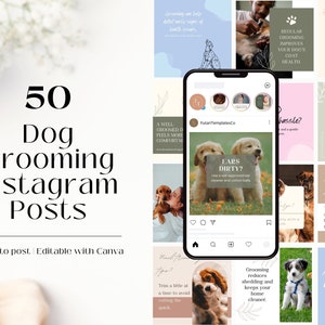 May include: A collection of 50 Instagram post templates for dog grooming businesses. The templates feature various dog breeds, grooming tips, and cute illustrations. The text on the templates includes phrases like "Regular grooming improves your dog's coat health", "Ears dirty?", "Grooming reduces shedding and keeps your home cleaner", and "Bad breath? Brush your dog's teeth regularly with dog toothpaste".