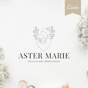 May include: A black and white line drawing of a mother holding a baby in a heart shape surrounded by small flowers. The text "ASTER MARIE" and "DOULA & WELLNESS COACH" is below the image.