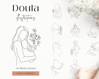 Doula Illustrations | Doula Line Art Illustrations | Breastfeeding Positions | Lactation Positions | Yoga Positions | Canva Template