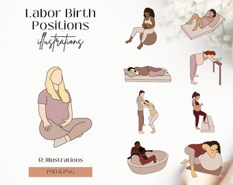 Labor Birth Positions Illustrations | Abstract Labor Birth Poses | Birthing Positions | Labor and Delivery Positions | Childbirth Positions