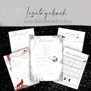 Könnte beinhalten: Druckbare Buchjournal-Seiten mit einem schwarz-weißen Bücherregal, einer Buchrezensionsseite mit einem Schwert, einem Schmetterling und Kopfhörern sowie einer monatlichen und jährlichen Lese-Tracker-Seite mit einem Wolf und einem roten Sonnenuntergang.