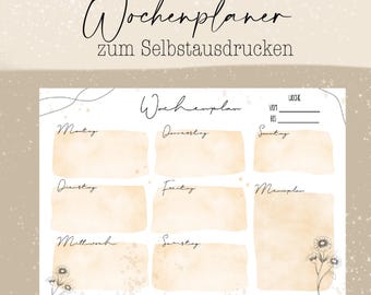 Puede incluir: Un planificador semanal imprimible con un fondo de acuarela y detalles florales. El planificador incluye espacios para cada día de la semana, de lunes a domingo, con una sección para notas. El texto "Wochenplaner zum Selbstausdrucken" está en la parte superior del planificador.