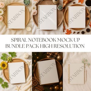 Puede incluir: Varios cuadernos de espiral con páginas blancas en blanco, dispuestos sobre bandejas de madera con diversos elementos decorativos. Los cuadernos tienen encuadernación en espiral dorada y la palabra "STARBOX" está impresa en la portada. También se ve el texto "SPIRAL NOTEBOOK MOCK UP BUNDLE PACK HIGH RESOLUTION".
