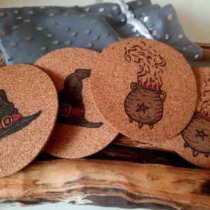 Witchy coasters, pyrography witches hat and cauldron set of 4