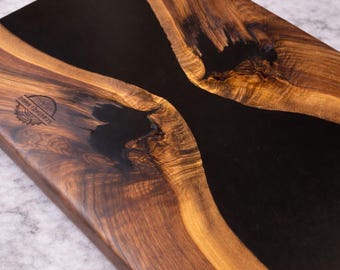 Walnut Live Edge Charcuterie Board: Black Epoxy Resin River, Handmade