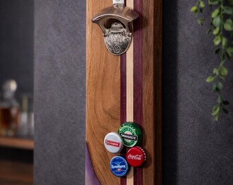 Walnut Wall Mount Bottle Opener: Magnetic Cap Catcher