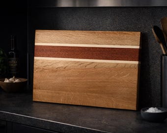 Oak, maple and large strip of mahogany cutting board | handmade | exotic | rare