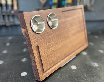 Handmade Walnut Steak Board with Juice Groove & Condiment Cups