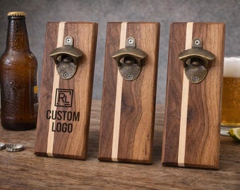 Walnut & Maple Wall Mount Bottle Opener with Magnetic Cap Catcher