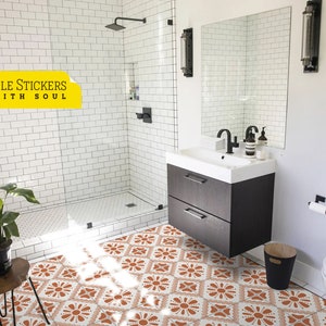 Orange Tiles Stickers for Floor Wall Backsplash Fireplace Bathroom Kitchen or Furniture Decoration. Peel and Stick Tile. Pack of 9 units.