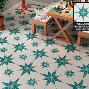 Turquoise Floor Decals, Vinyl Tile Stickers, Floor Tile Sticker, Peel and Stick Floor Tile, Vinyl Flooring. Pack of 9.