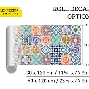May include: Roll of colorful tile stickers with a repeating pattern of blue, green, orange, and white tiles. The roll is 30 inches wide and 47 1/4 inches long. The roll is also available in a larger size, 60 inches wide and 47 1/4 inches long.