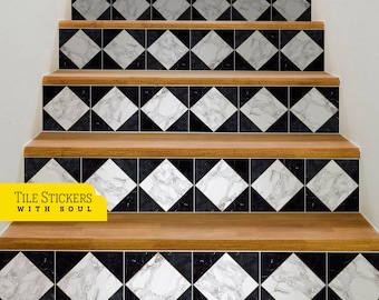 Contrahuellas para escaleras de mármol blanco y negro, contrahuellas para escaleras de azulejos, tiras de vinilo removibles, adhesivo para despegar y pegar - 47"1/4 / 120 cm de ancho, 15 tiras.