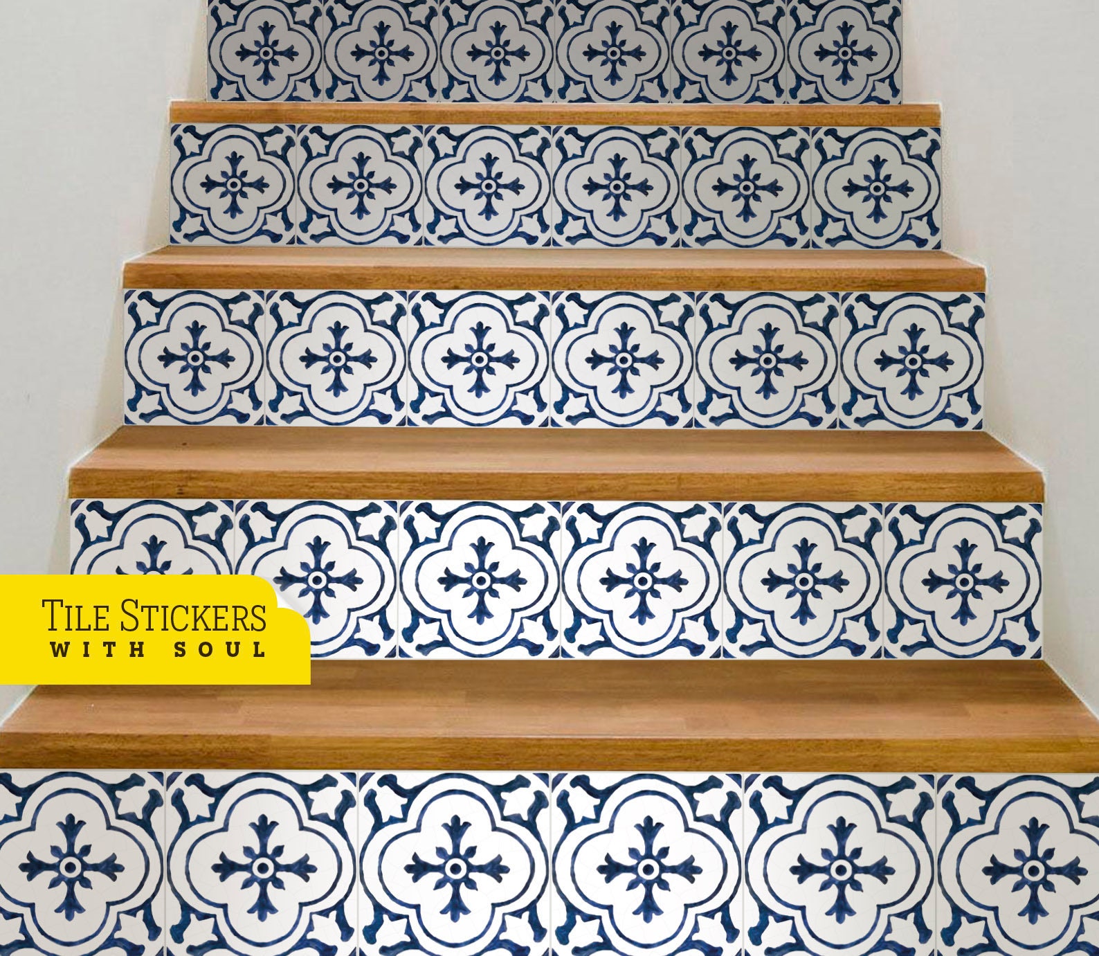 Mouraria Dark Blue Stair Riser Stickers, Portuguese Marble, Vinyl Strips Removable, Sticker Peel & Stick - 47"1/4 | 120cm Width, 15 Strips.