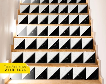 Contrahuellas de escaleras de mármol blanco y negro, contrahuellas de escaleras de azulejos, tiras de vinilo removibles, adhesivo para despegar y pegar - 47"1/4 / 120 cm de ancho, 15 tiras.