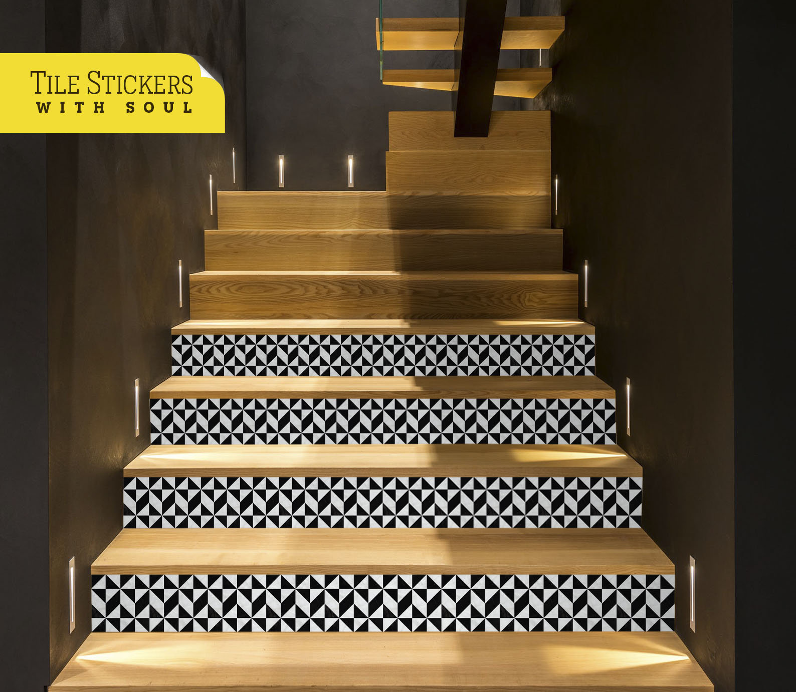 White and Black Marble Stair Risers, Tile Stair Risers, Vinyl Strips Removable, Sticker Peel & Stick - 47"1/4 | 120cm Width. 15 Strips.