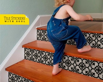 Embossed Effect Stair Risers, Tile Stair Risers, Vinyl Strips Removable, Sticker Peel & Stick - 47"1/4 | 120cm Width, 15 Strips.