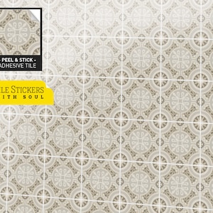 May include: Peel and stick adhesive tile stickers with a beige and brown geometric pattern. The text "Tile Stickers with Soul" is on the image.