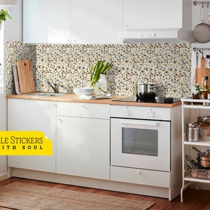 Terrazzo Tile Stickers Seamless Drawing, Freplace Floor or Wall, Bathroom, Backsplash, Kitchen, Living Room. Pack of 9.
