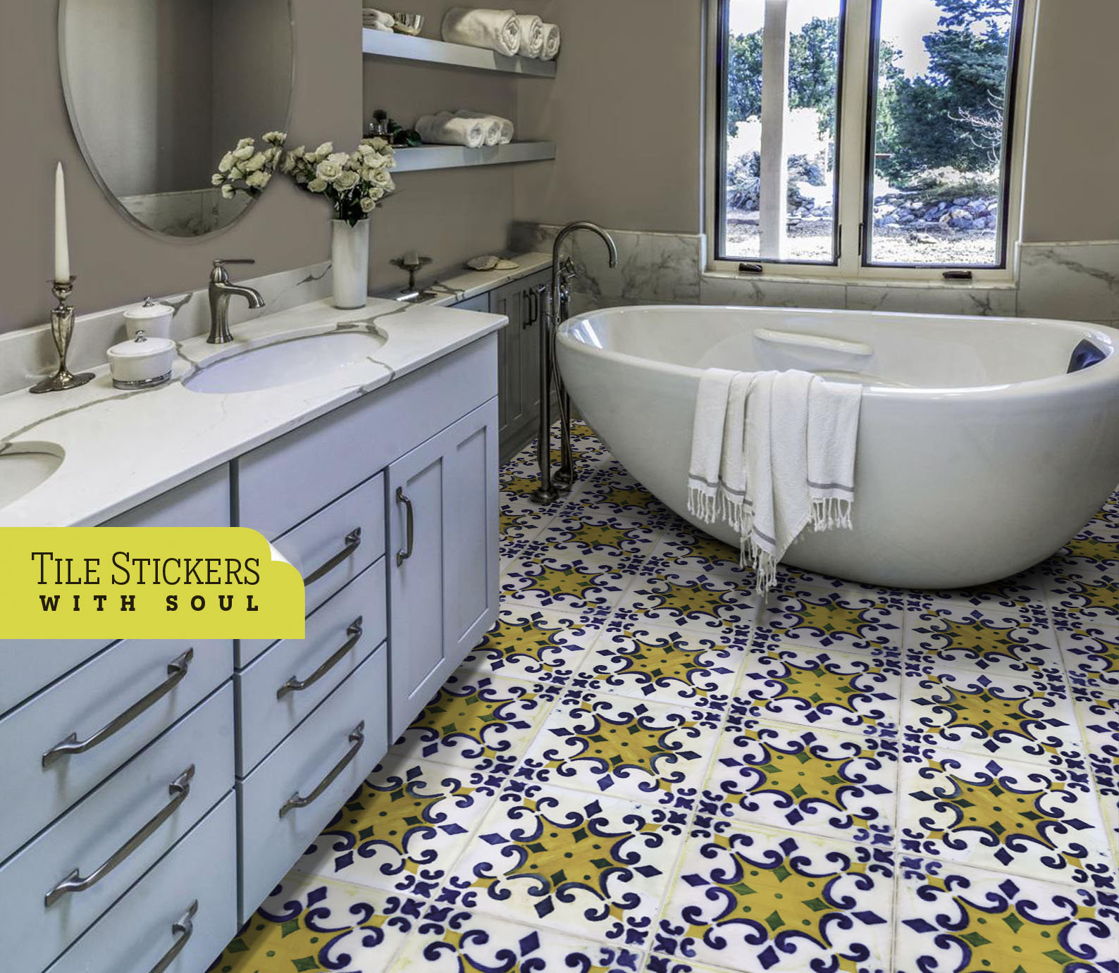 My Private Collection Floor Wall Tile Stickers, Blue Yellow Wall Tile  Stickers, Backsplash Tile Stickers, Tile Peel and Stick. Pack of 16. - Etsy, image size:1588x1381