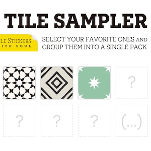 Può includere: Immagine promozionale per adesivi per piastrelle, con il testo "TILE SAMPLER". Mostra tre design di piastrelle decorate e spazi vuoti per altri. Il testo "TILE STICKERS WITH SOUL" è in un banner giallo.