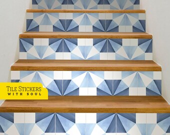 Portuguese Tile Stickers Inspiration, Tile Stair Risers, Vinyl Strips Removable, Stairs Peel and Stick - 47"1/4 | 120cm Width, 15 Strips.