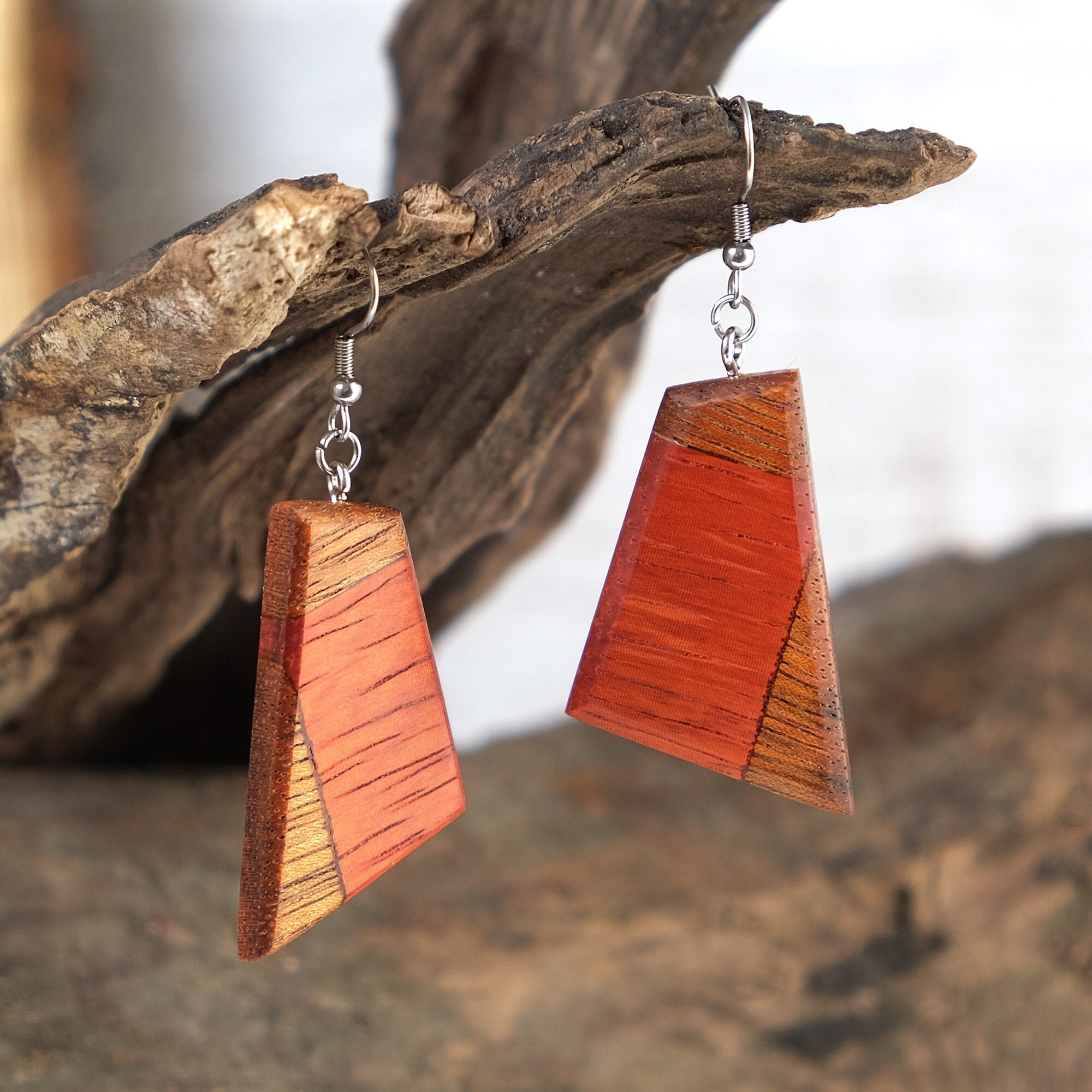 Large dangle geometric wood earrings Valentines day gift. Etsy