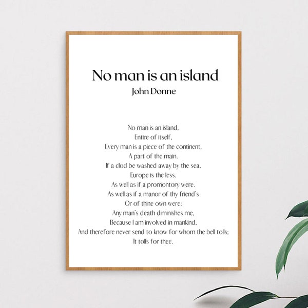 No Man Island - John Donne, Boho, Digital Download, Wall Decor, Printable Wall Art, Black White Minimal, Deco,Gift