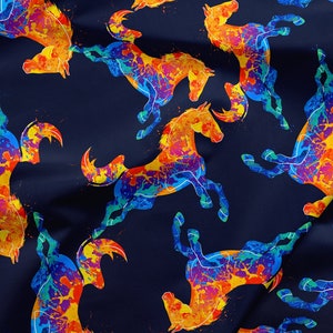 May include: A seamless pattern featuring colourful horses on a dark blue background. The horses are outlined in black and filled with a vibrant mix of orange, yellow, green, blue, and purple paint splatters.